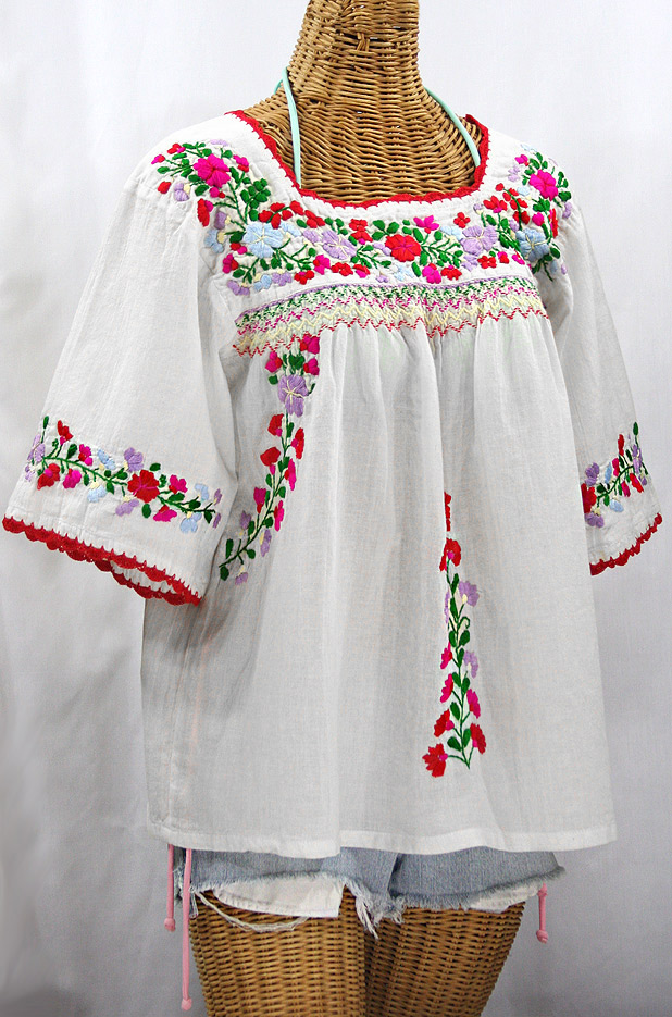 "La Marina" Embroidered Mexican Peasant Blouse -White + Bright Multi