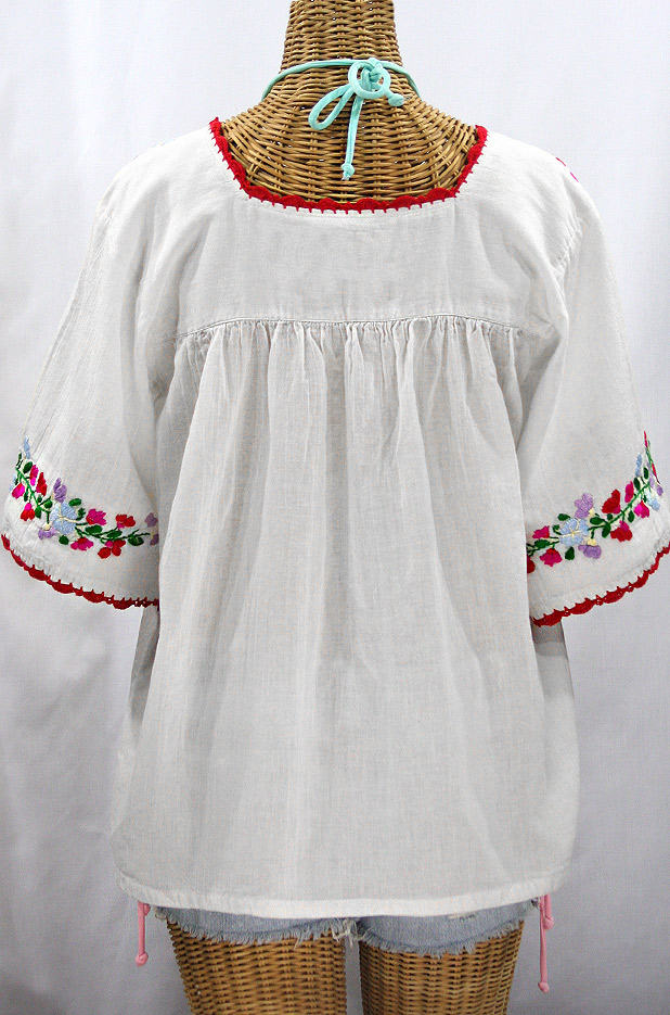 "La Marina" Embroidered Mexican Peasant Blouse -White + Bright Multi