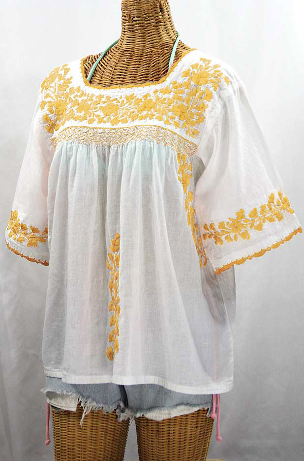 "La Marina" Embroidered Mexican Peasant Blouse - White + Goldenrod Embroidery