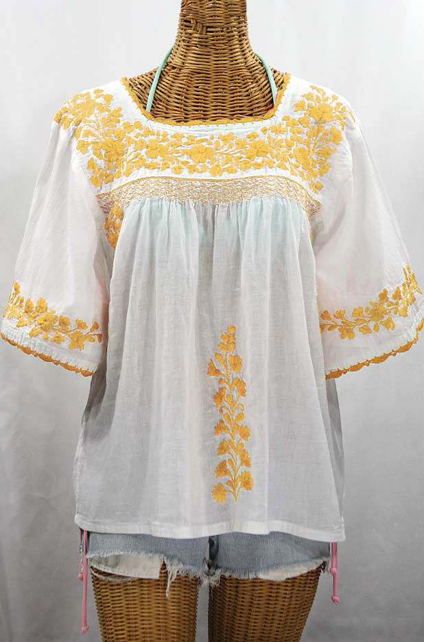 "La Marina" Embroidered Mexican Peasant Blouse - White + Goldenrod Embroidery