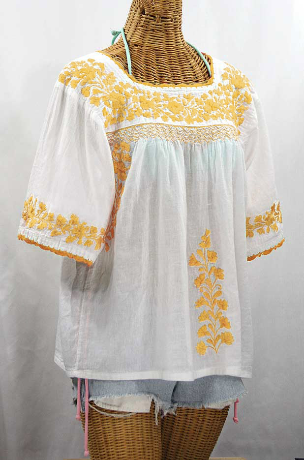 "La Marina" Embroidered Mexican Peasant Blouse - White + Goldenrod Embroidery