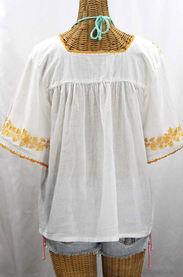 "La Marina" Embroidered Mexican Peasant Blouse - White + Goldenrod Embroidery