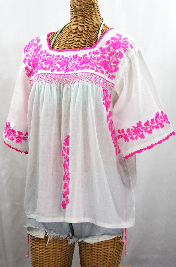 "La Marina" Embroidered Mexican Peasant Blouse - White + Neon Pink