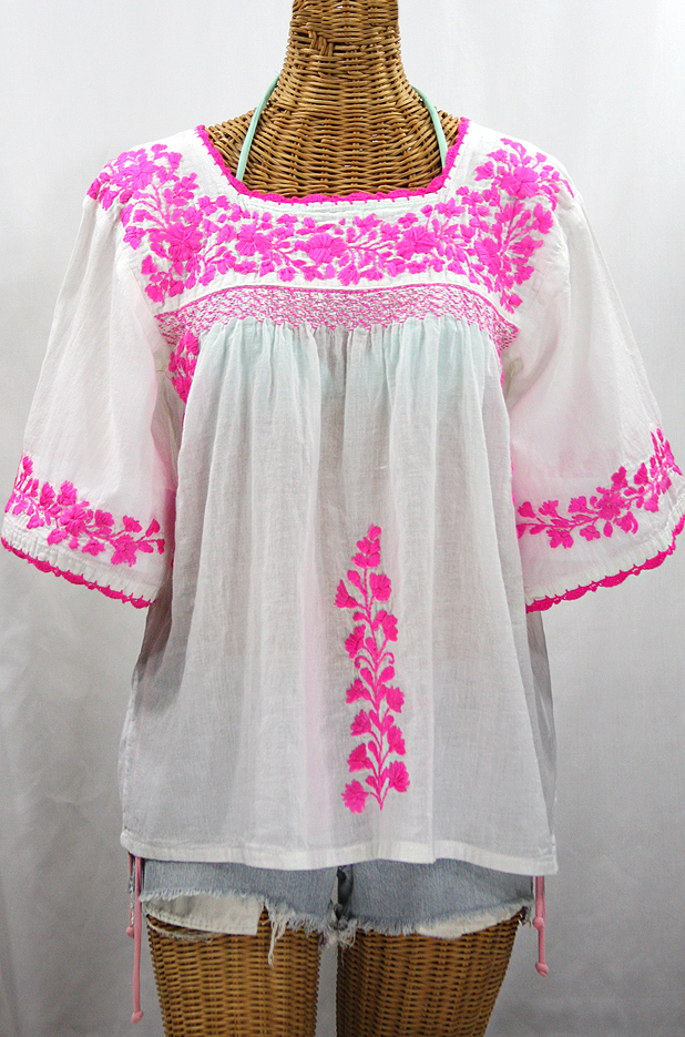 "La Marina" Embroidered Mexican Peasant Blouse - White + Neon Pink