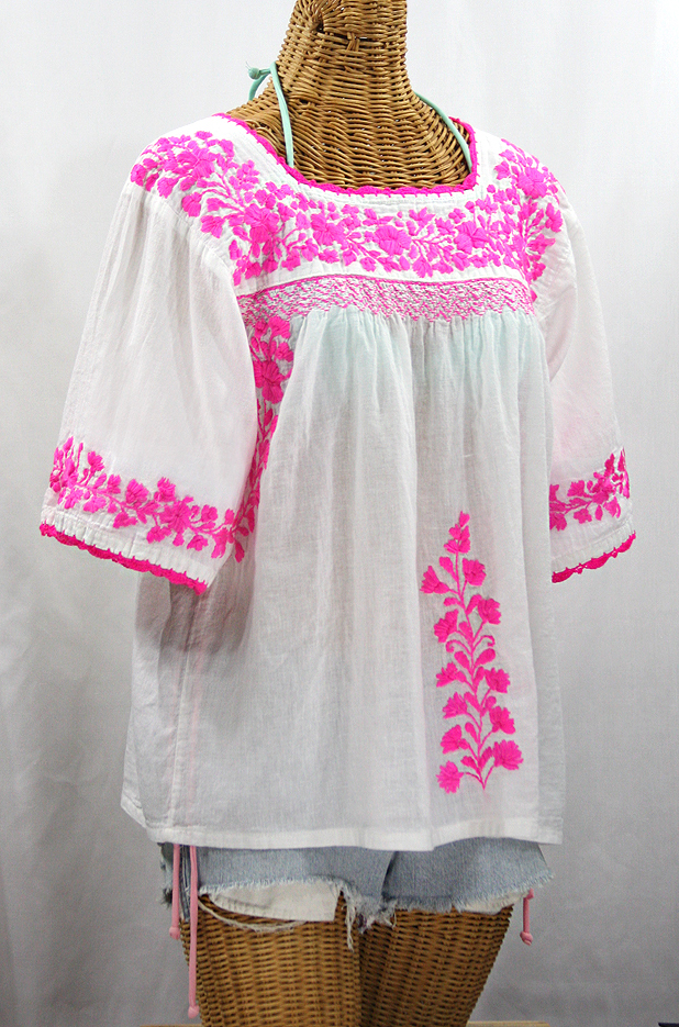 "La Marina" Embroidered Mexican Peasant Blouse - White + Neon Pink