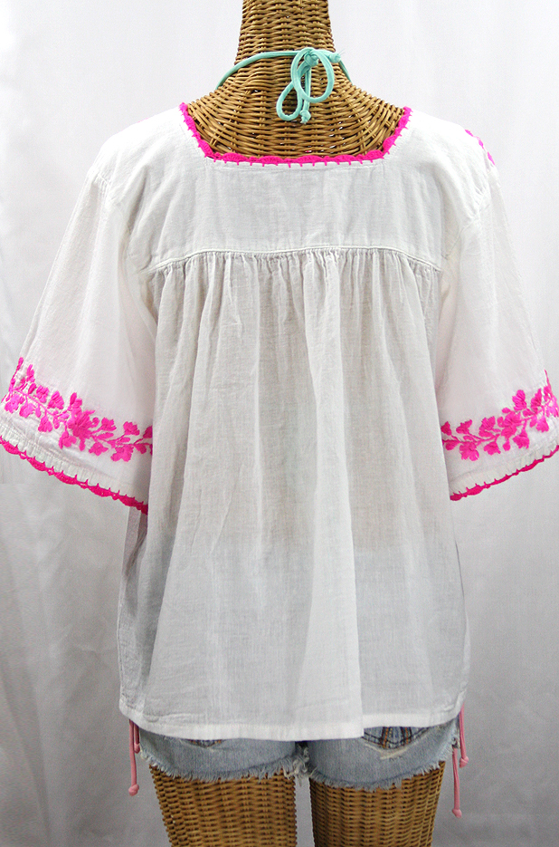 "La Marina" Embroidered Mexican Peasant Blouse - White + Neon Pink