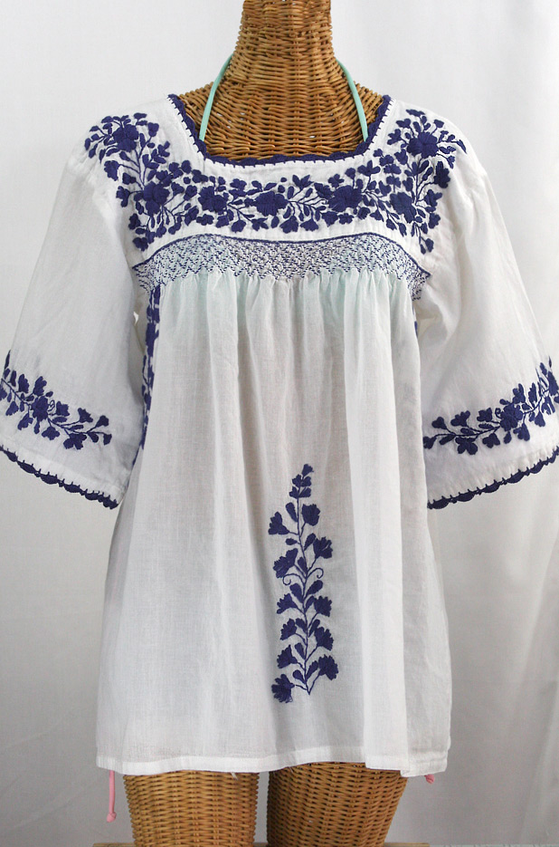 "La Marina" Embroidered Mexican Blouse -White + Navy