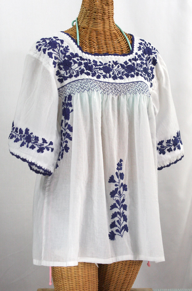 "La Marina" Embroidered Mexican Blouse -White + Navy