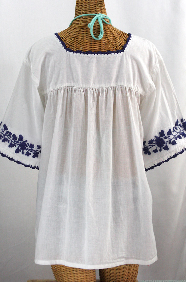 "La Marina" Embroidered Mexican Blouse -White + Navy