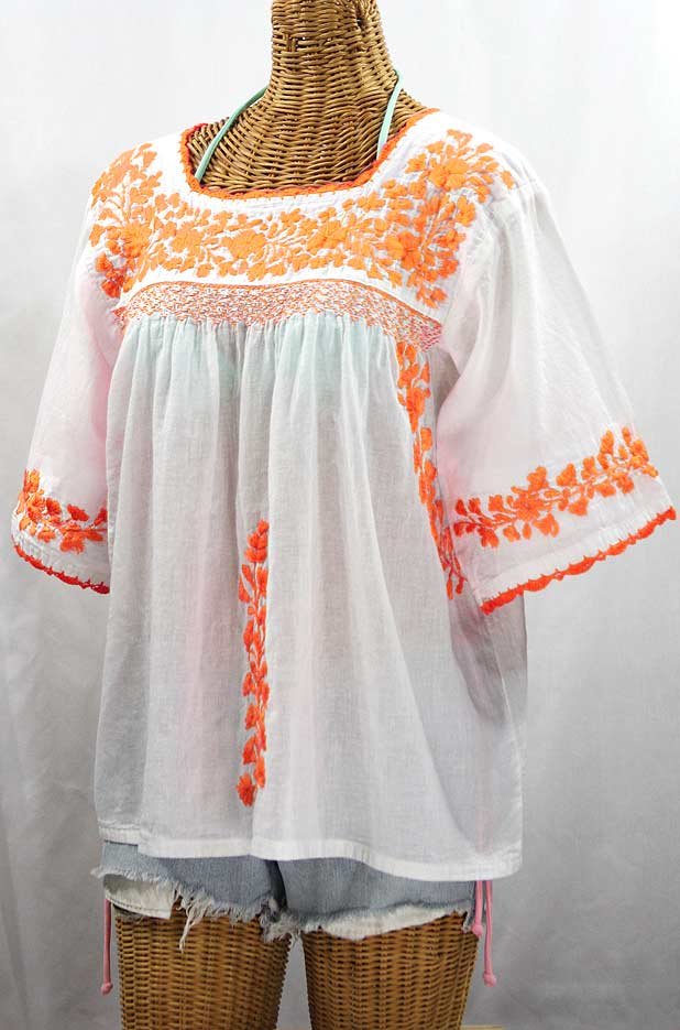 "La Marina" Embroidered Mexican Peasant Blouse - White + Neon Orange