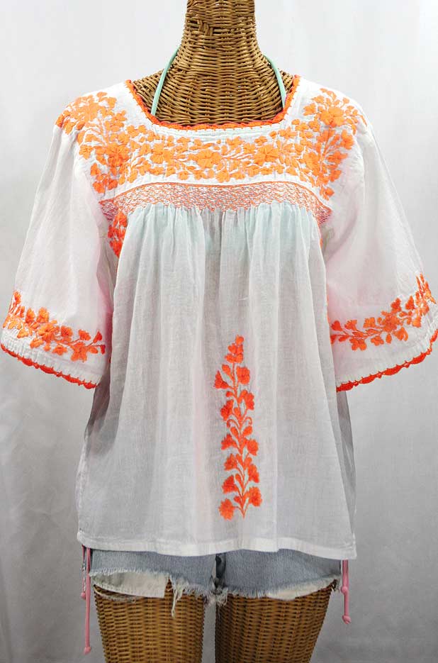 "La Marina" Embroidered Mexican Peasant Blouse - White + Neon Orange