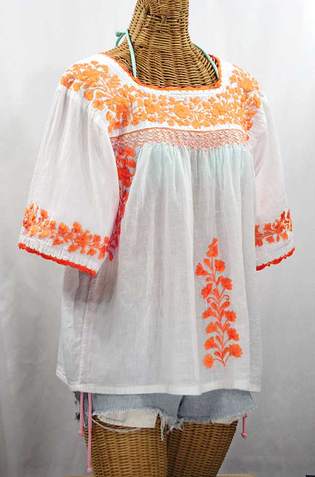 "La Marina" Embroidered Mexican Peasant Blouse - White + Neon Orange