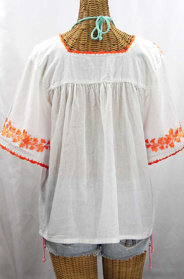 "La Marina" Embroidered Mexican Peasant Blouse - White + Neon Orange