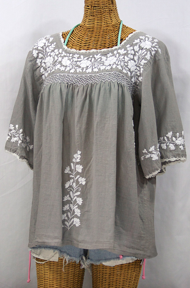 "La Marina" Embroidered Mexican Style Peasant Top -Grey + White
