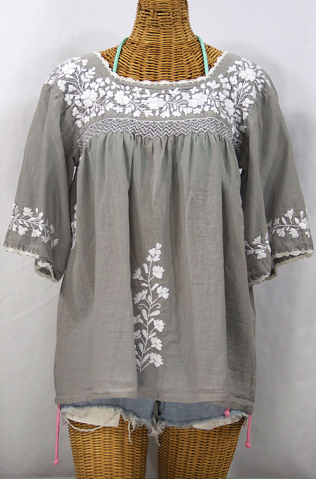 "La Marina" Embroidered Mexican Style Peasant Top -Grey + White