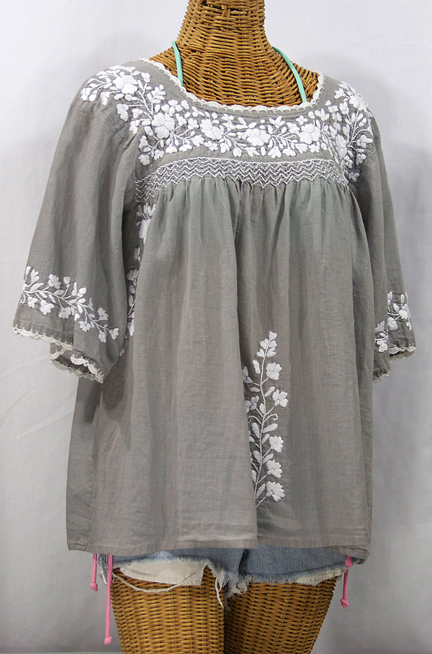 "La Marina" Embroidered Mexican Style Peasant Top -Grey + White