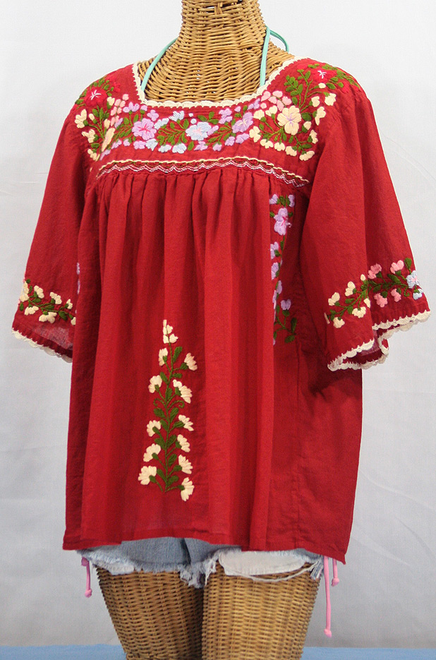 "La Marina" Embroidered Mexican Style Peasant Blouse -Red