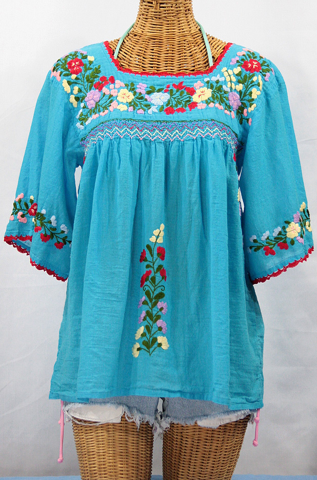 "La Marina" Mexican Embroidered Peasant Top -Aqua