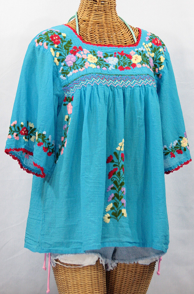 "La Marina" Mexican Embroidered Peasant Top -Aqua