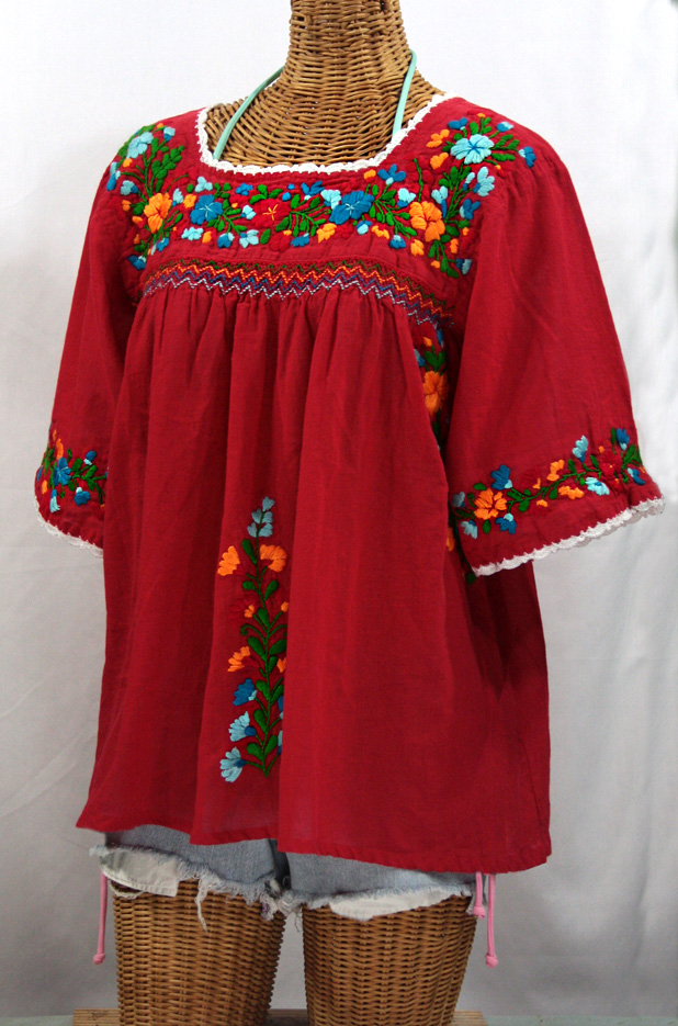 "La Marina" Embroidered Mexican Peasant Blouse -Red + Fiesta Embroidery