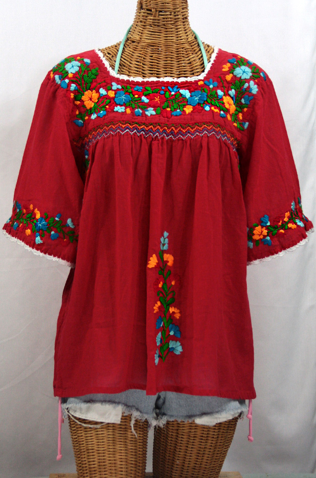 "La Marina" Embroidered Mexican Peasant Blouse -Red + Fiesta Embroidery