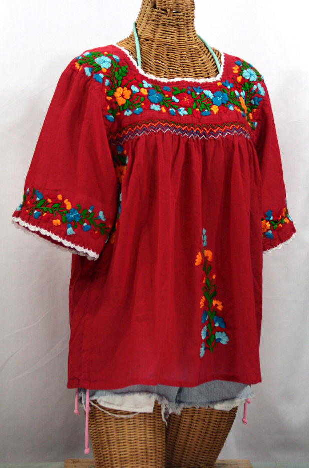 "La Marina" Embroidered Mexican Peasant Blouse -Red + Fiesta Embroidery