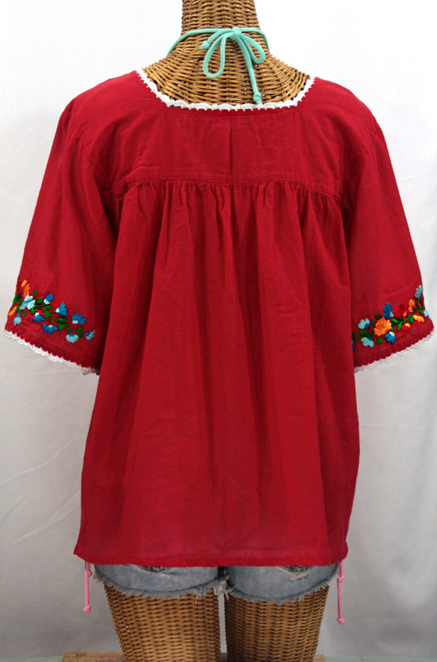 "La Marina" Embroidered Mexican Peasant Blouse -Red + Fiesta Embroidery