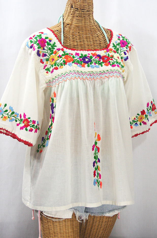 "La Marina" Embroidered Mexican Peasant Blouse -Off White + Jewel Multi