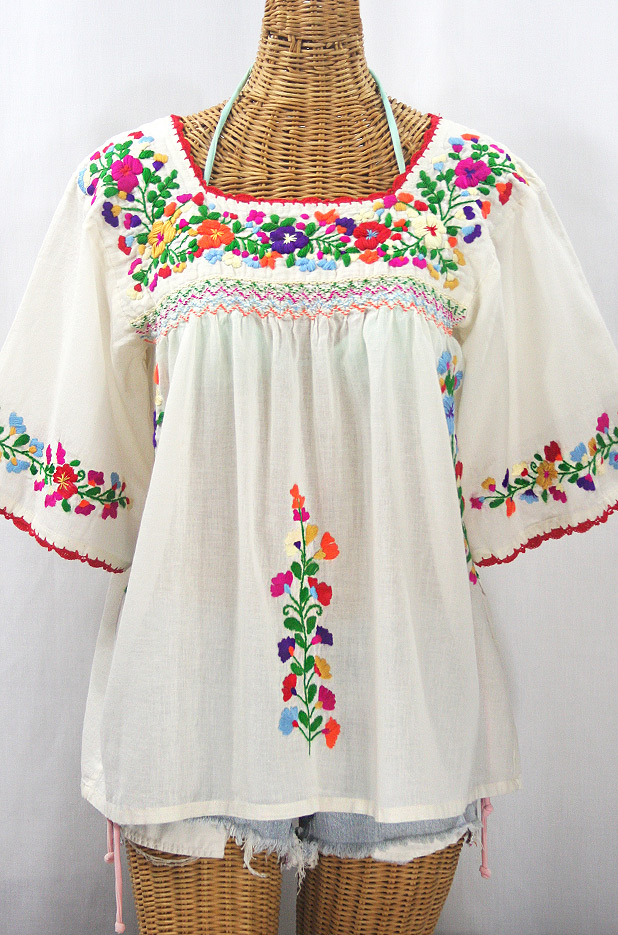 "La Marina" Embroidered Mexican Peasant Blouse -Off White + Jewel Multi