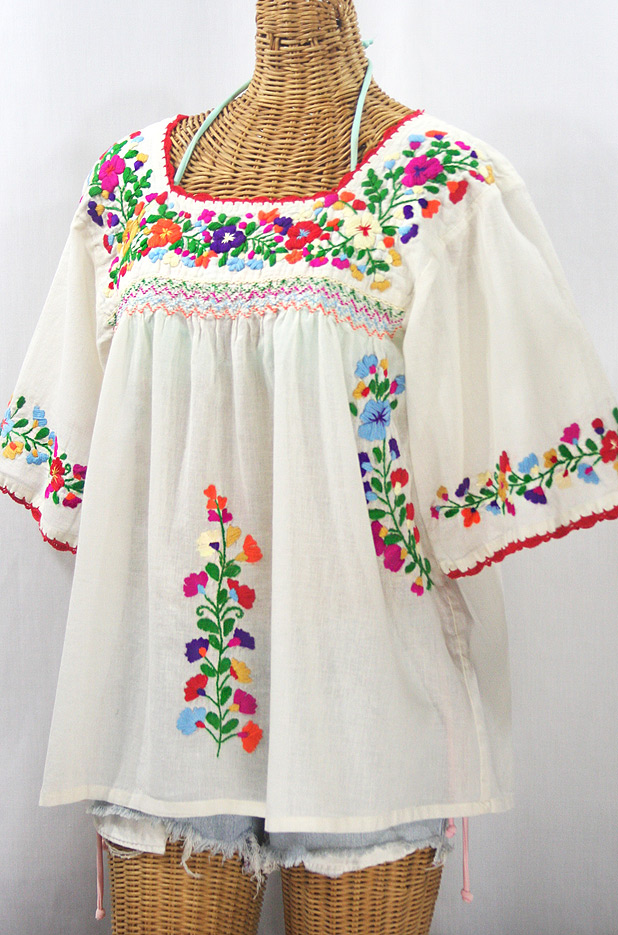 "La Marina" Embroidered Mexican Peasant Blouse -Off White + Jewel Multi