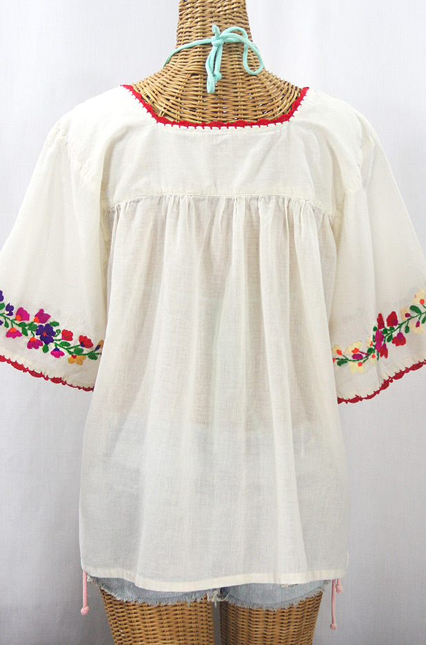 "La Marina" Embroidered Mexican Peasant Blouse -Off White + Jewel Multi