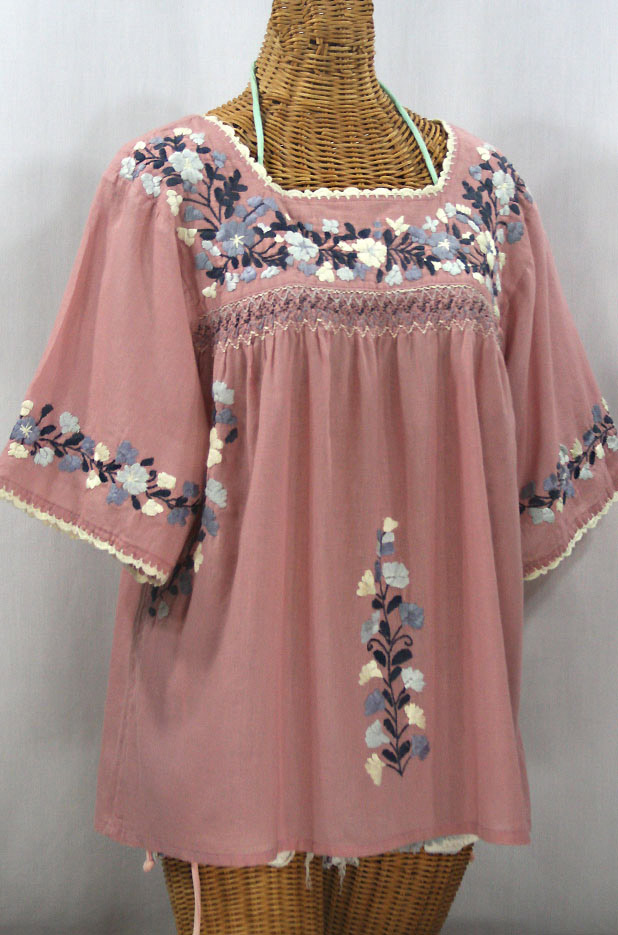 "La Marina" Embroidered Mexican Peasant Blouse - Dusty Pink + Grey Mix Embroidery