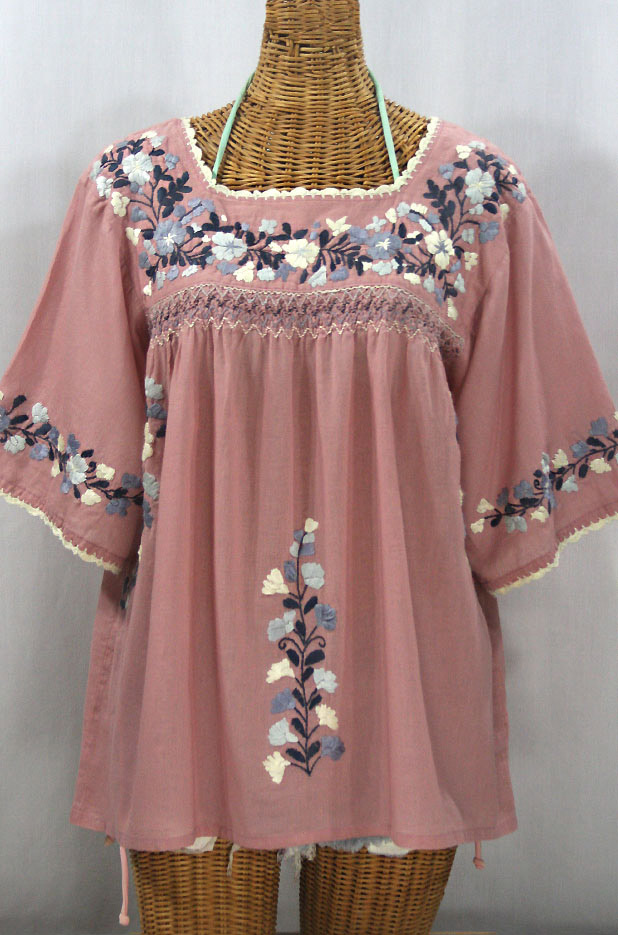 "La Marina" Embroidered Mexican Peasant Blouse - Dusty Pink + Grey Mix Embroidery