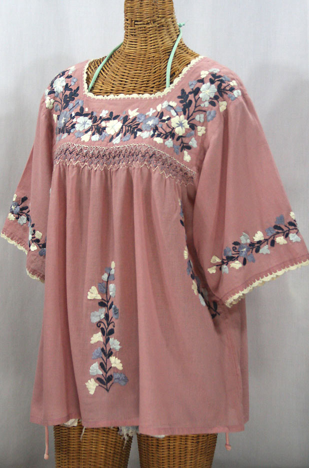 "La Marina" Embroidered Mexican Peasant Blouse - Dusty Pink + Grey Mix Embroidery