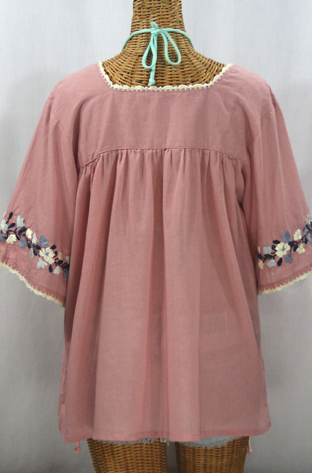 "La Marina" Embroidered Mexican Peasant Blouse - Dusty Pink + Grey Mix Embroidery