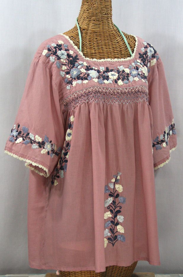 "La Marina" Embroidered Mexican Peasant Blouse - Dusty Pink + Grey Mix Embroidery