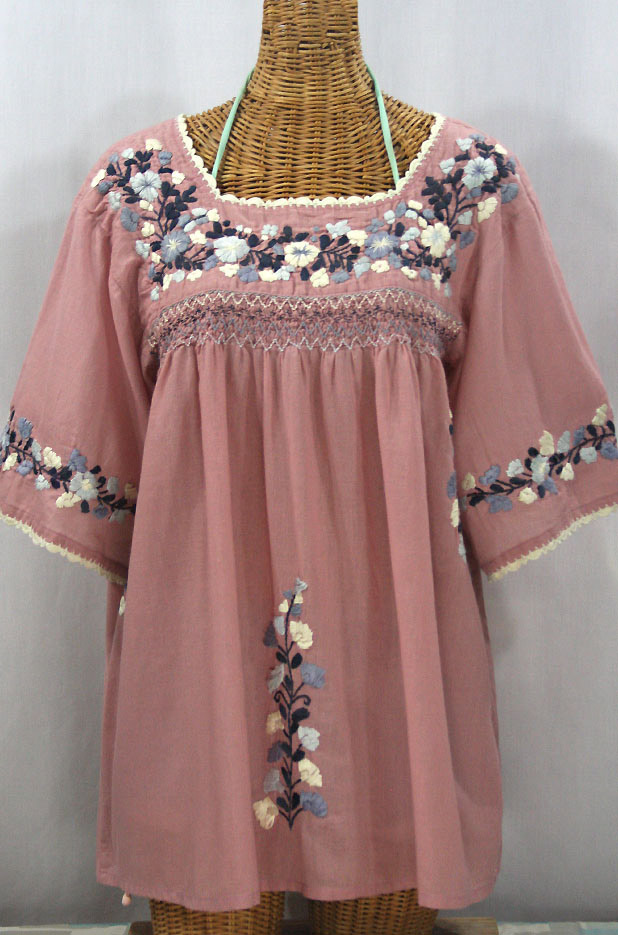"La Marina" Embroidered Mexican Peasant Blouse - Dusty Pink + Grey Mix Embroidery