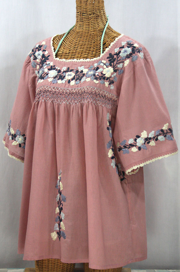 "La Marina" Embroidered Mexican Peasant Blouse - Dusty Pink + Grey Mix Embroidery
