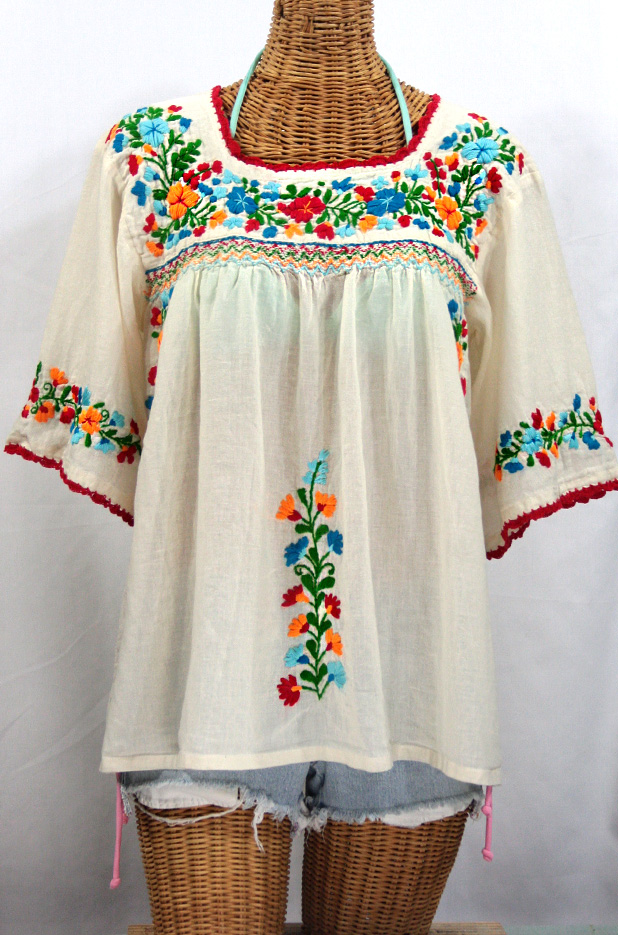 "La Marina" Embroidered Mexican Blouse - Off White + Fiesta