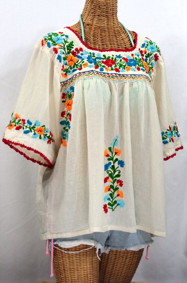 "La Marina" Embroidered Mexican Blouse - Off White + Fiesta