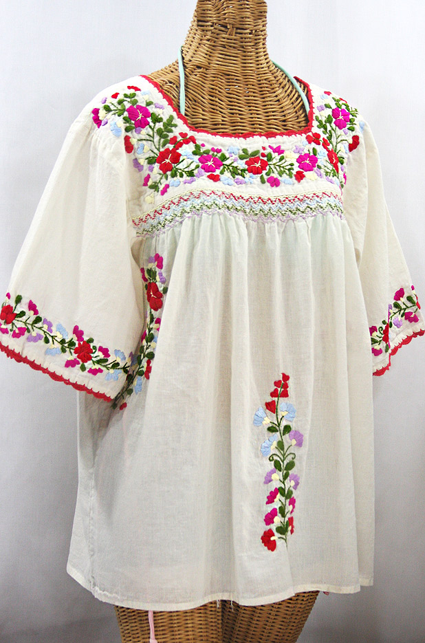 "La Marina" Embroidered Mexican Peasant Blouse -Off White + Multi