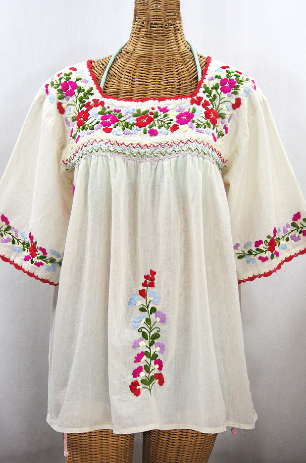 "La Marina" Embroidered Mexican Peasant Blouse -Off White + Multi