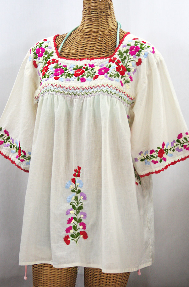 "La Marina" Embroidered Mexican Peasant Blouse -Off White + Multi