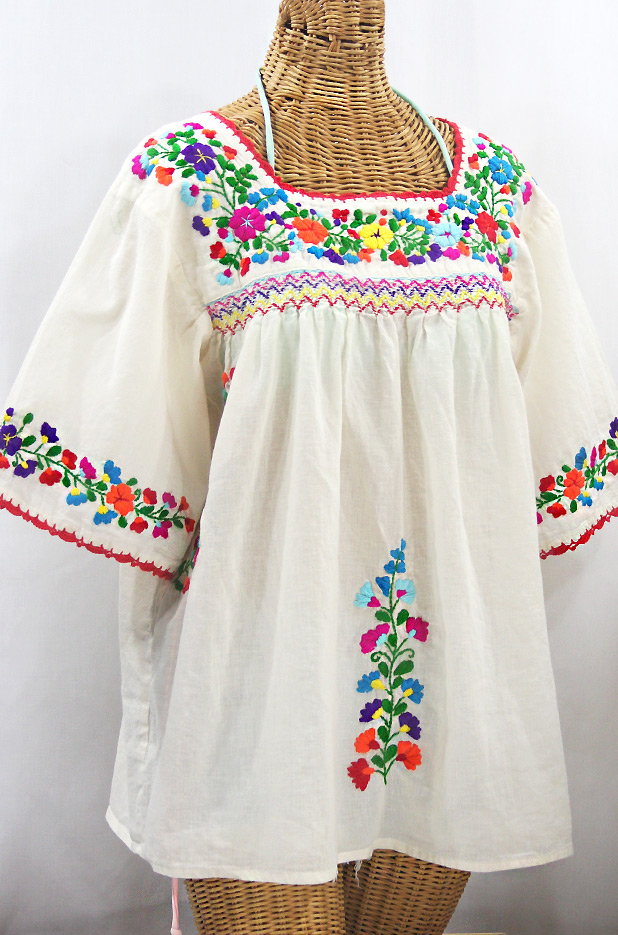 "La Marina" Embroidered Mexican Peasant Blouse -Off White + Rainbow