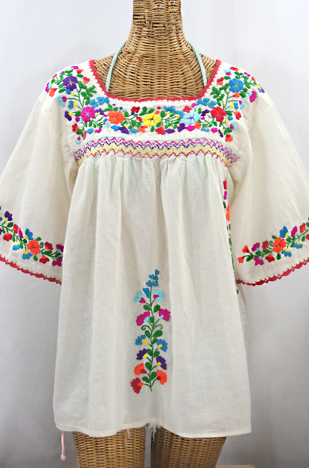 "La Marina" Embroidered Mexican Peasant Blouse -Off White + Rainbow