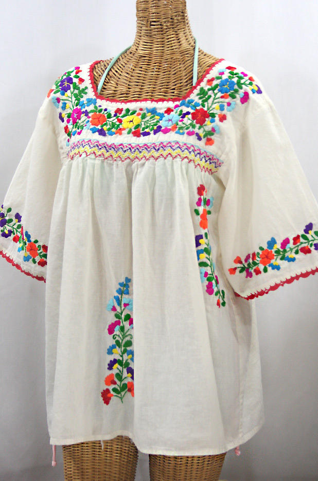 "La Marina" Embroidered Mexican Peasant Blouse -Off White + Rainbow