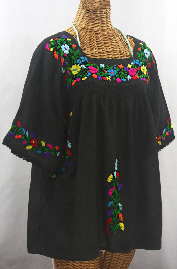 "La Marina" Embroidered Mexican Peasant Blouse - Black + Rainbow