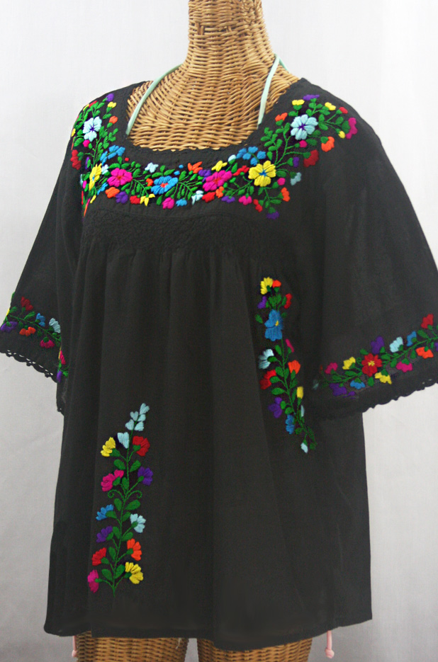 "La Marina" Embroidered Mexican Peasant Blouse - Black + Rainbow