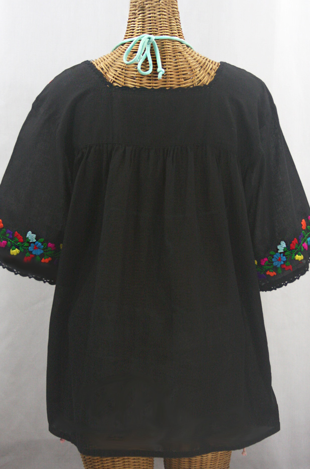 "La Marina" Embroidered Mexican Peasant Blouse - Black + Rainbow