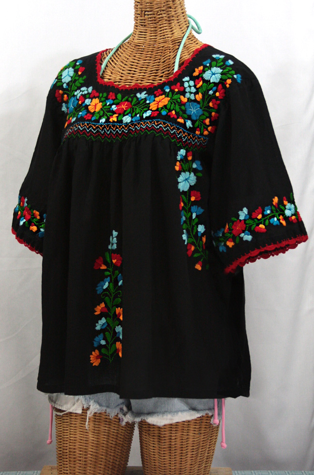 "La Marina" Mexican Peasant Top -Black + Fiesta Embroidery